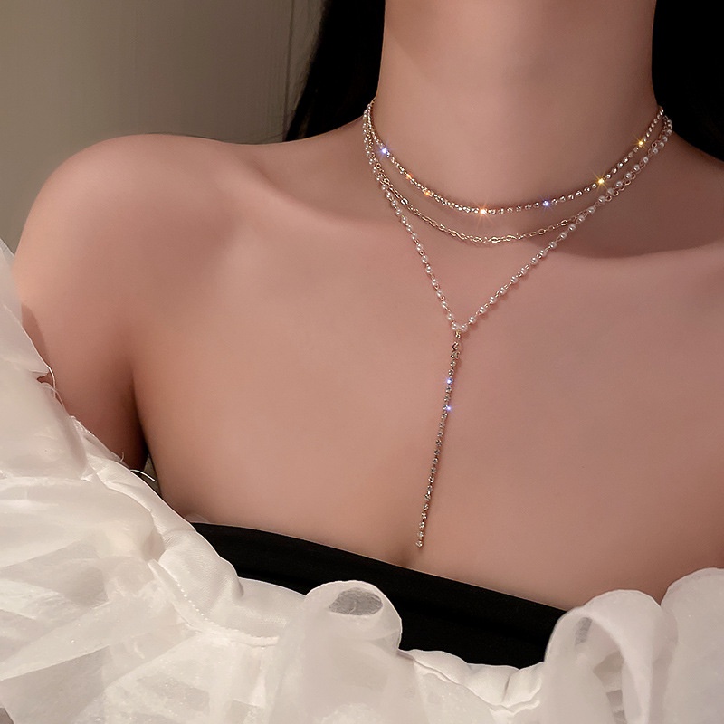 IFYOU Kalung Kristal Mutiara Rumbai Emas Choker Rantai Multilayer Untuk Aksesoris Perhiasan Wanita