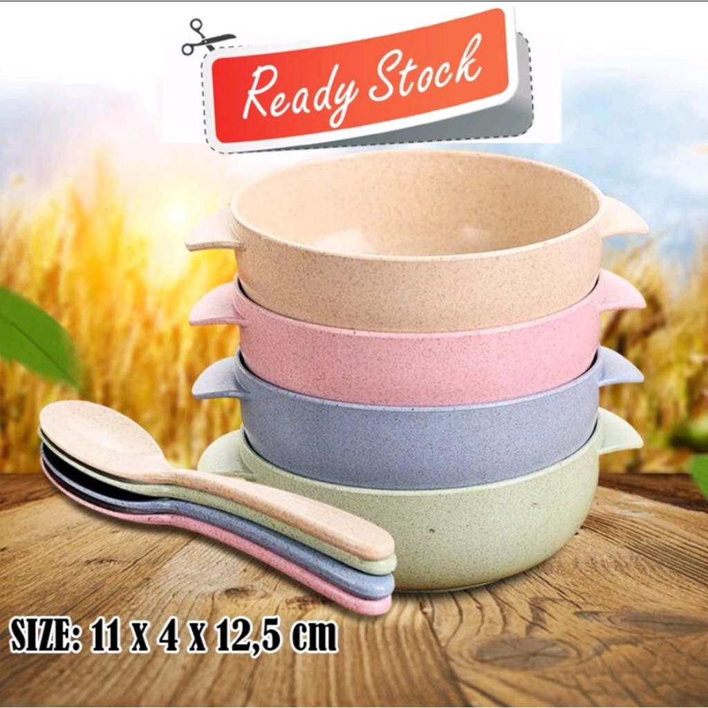 MANGKOK DAN SENDOK ANAK / MANGKOK MAKAN MINI + SENDOK / MANGKOK MAKAN TEBAL BPA FREE / SET MANGKUK MAKAN BAYI BAHAN JERAMI / WHEAT STRAW BOWL + SPOON / PERLENGKAPAN MAKAN ANAK BAYI (IP)