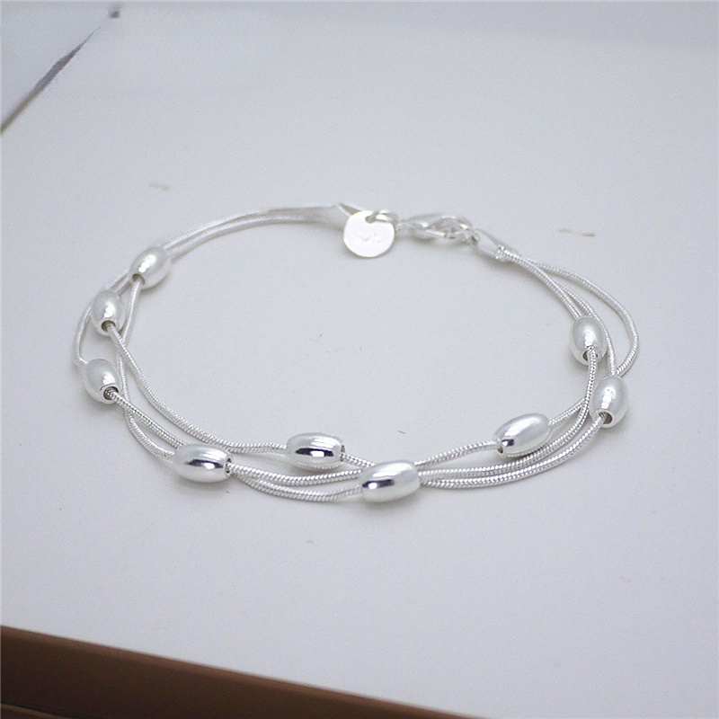 Gelang Hias Harian Perak Tiga Baris Manik Ringan Gelang Gaya Etnik Untuk Wanita Perempuan Trendi Perak Triple Oval Bead Bracelet Elegan Indah Perhiasan Aksesoris