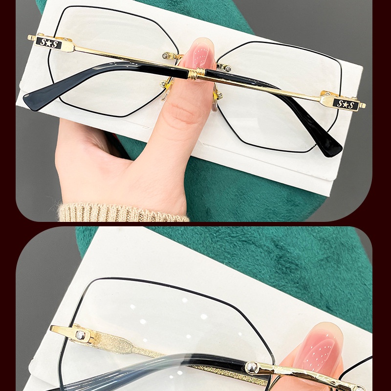 (YUZHU) Desain Mode Baru Frameless Poligonal Baca Kacamata Bingkai Logam Anti Cahaya Biru HD PC Gradien Membaca Eyeglasses