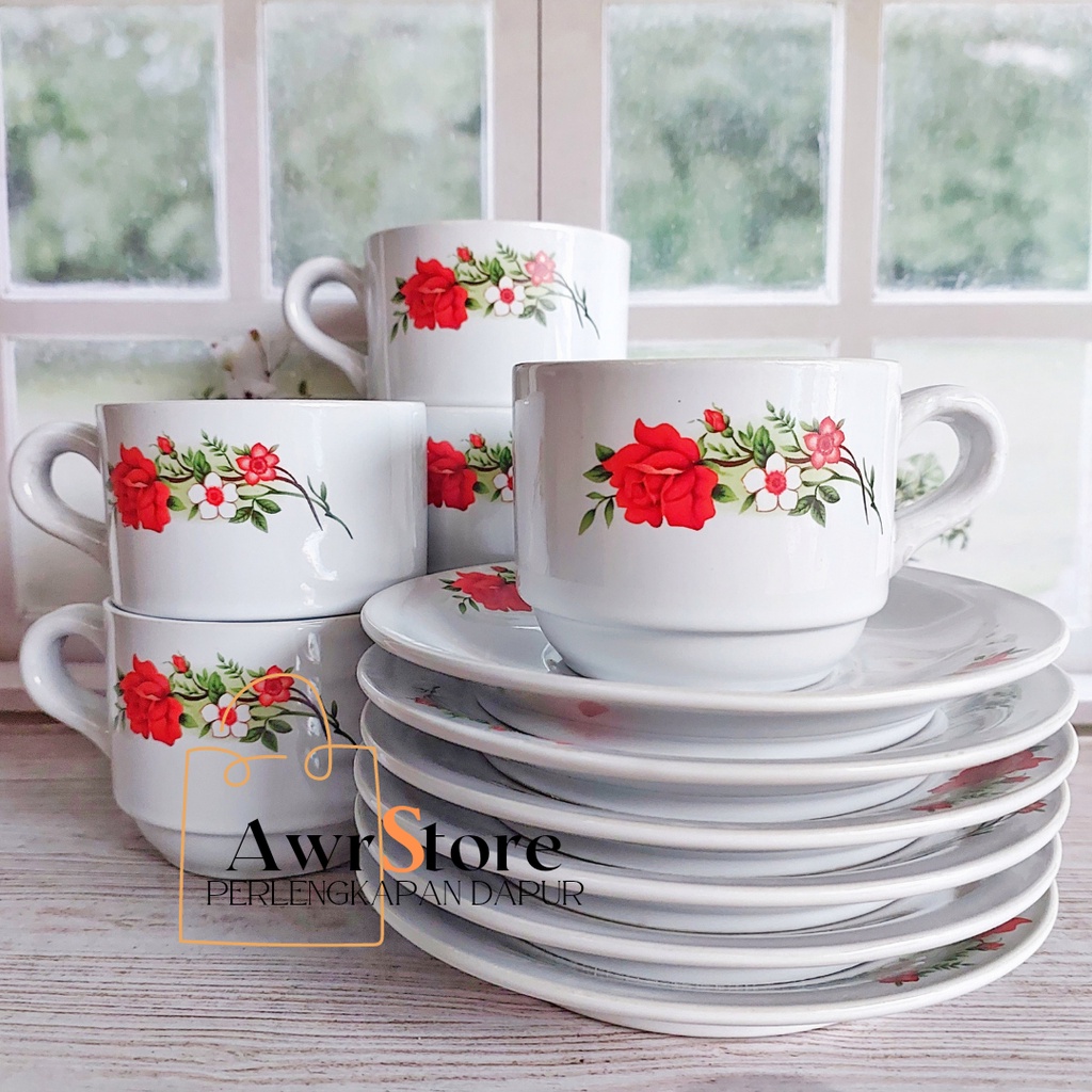1 Set 12 Pcs Cangkir Set Tatakan Keramik Motif Bunga Merah Cangkir Kopi Cangkir Teh Cangkir Set Tamu