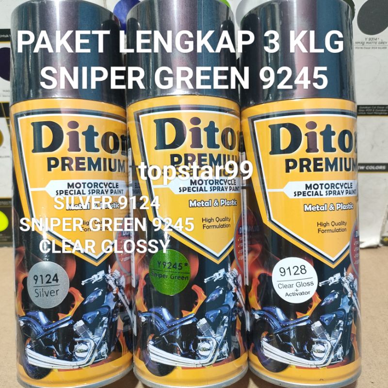 Diton Premium Paket Lengkap 3 Kaleng 400cc Hijau Sniper Green 9245 Silver 9124 Clear Glossy 9128 Pilox Pilok Cat Semprot Spray Paint