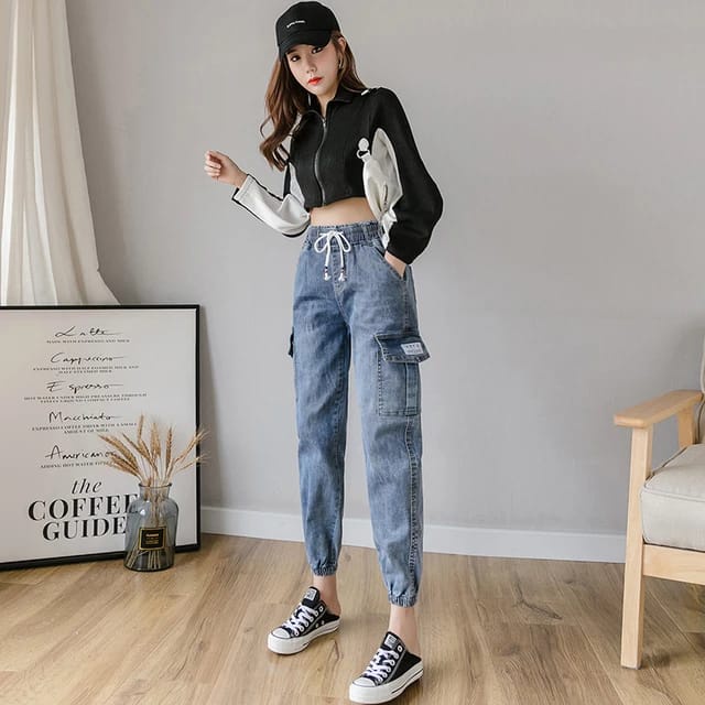 Jogger Jeans Cargo Panjang Wanita Pinggang Karet Warna Snow Boyfriend Jeans Cargo