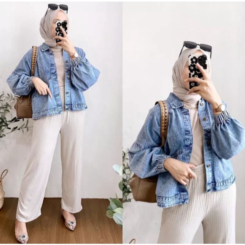 VINTAGE JAKET DENIM JEANS OVERSIZE WANITA VINTAGE JACKET OVERSIZE JINS KEKINIAN JAKET VINTAGE CROP JEANS LENGAN BALON TERBARU SNOW BLUE JAKET KOREAN STYLE Jaket