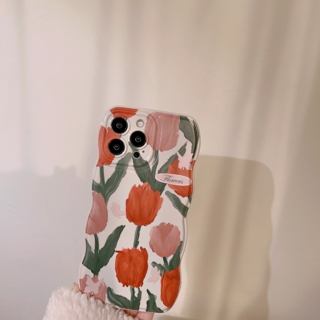 IPHONE Orange Flowers Soft Beige Wave Edge Case Untuk Iphone14 11 12 13 PRO MAX Casing Cover Pelindung AT0017