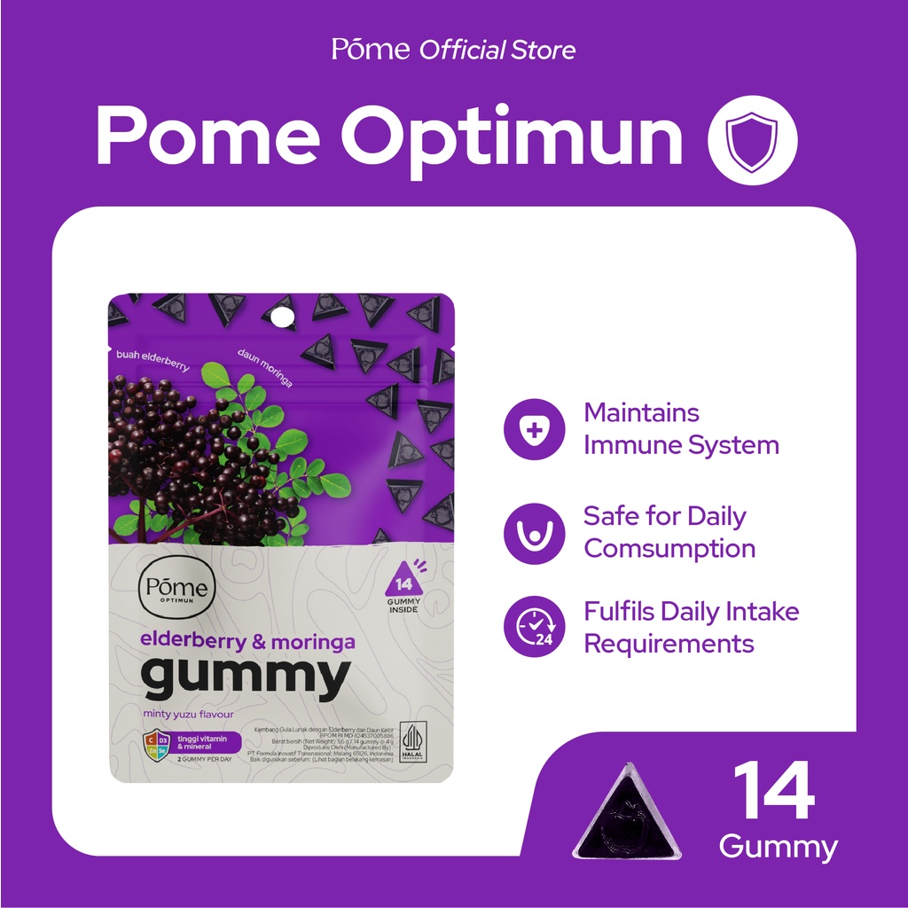 Pome Optimun 1 Pouch - Elderberry &amp; Moringa Gummy dengan Vit. C, Vit D, Zinc, dan Selenium