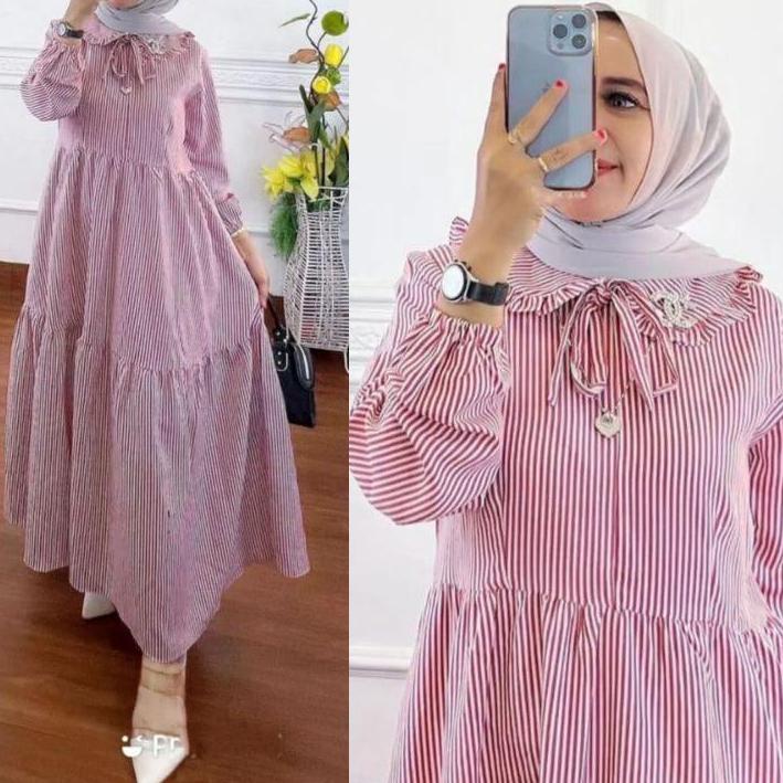 ( BISA COD ) Tyara Midi Dress Salur Bahan Katun Terlaris