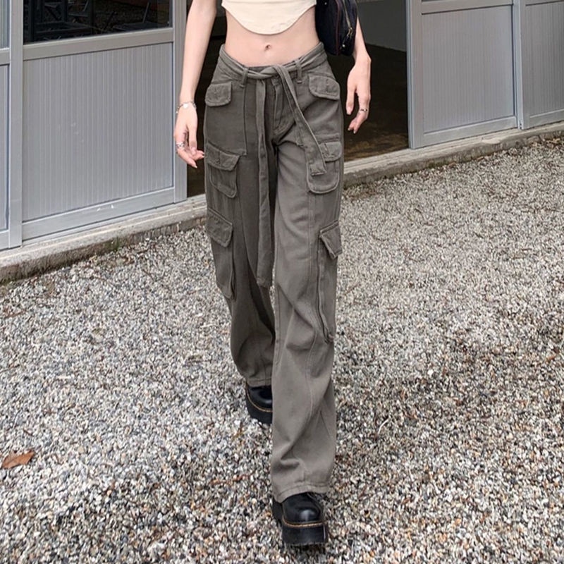 Red Design sense retro hot girl high-waisted jeans untuk wanita kecil musim panas lurus longgar slim wide-leg overalls trendy