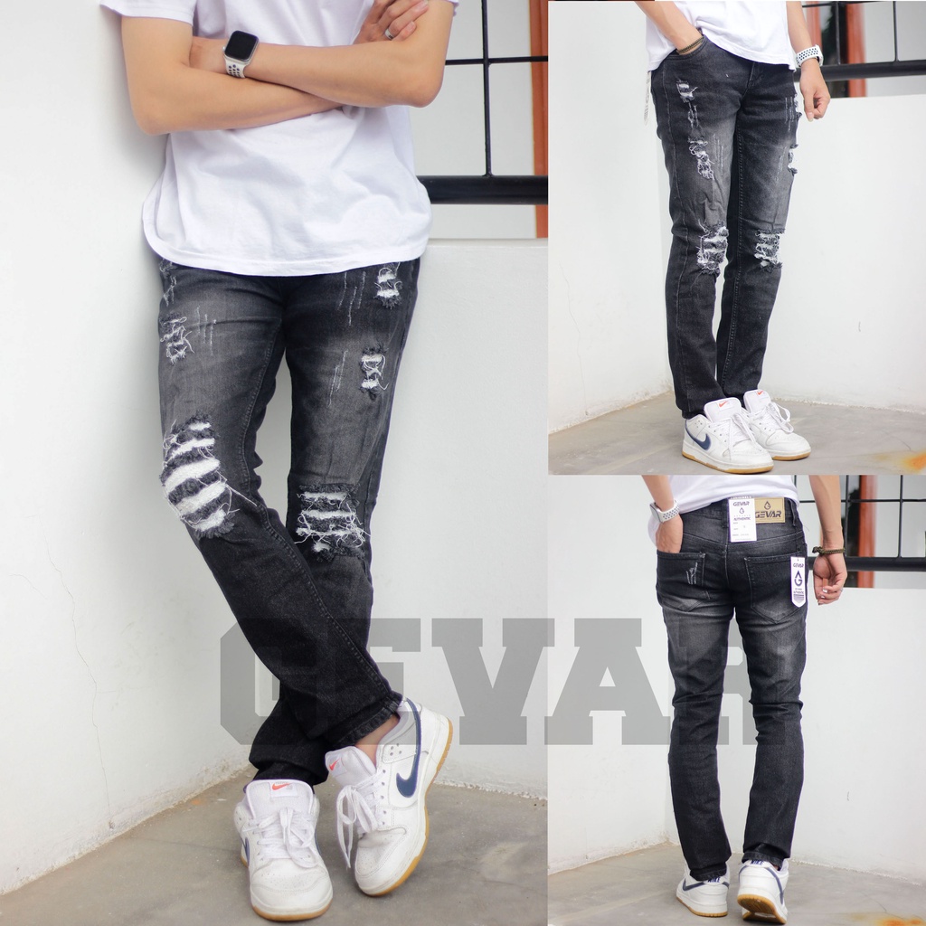 GEVAR Celana Jeans Sobek Tidak Tembus Blackwash