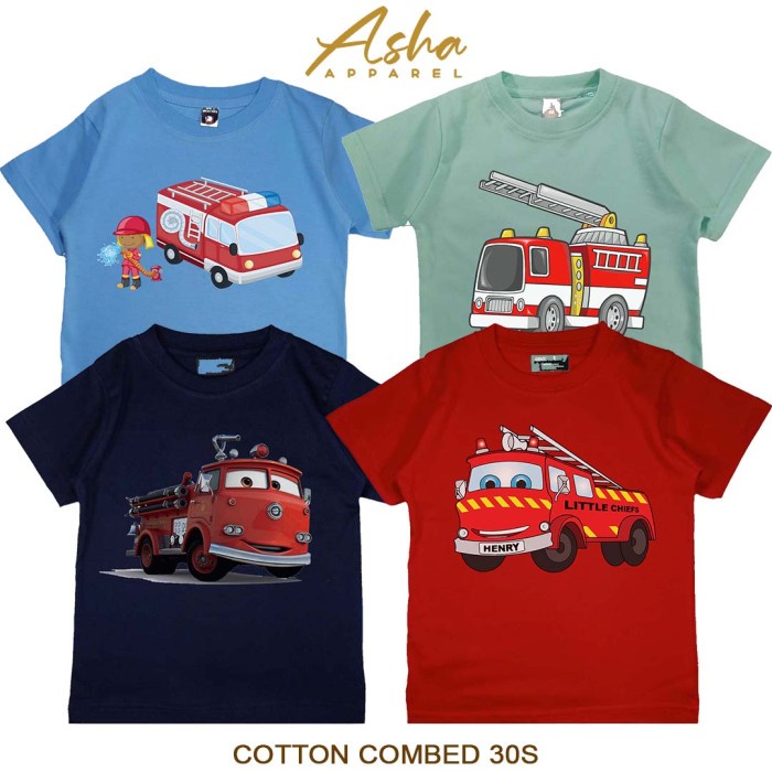 Atasan Anak Laki Laki Baju Kaos Cotton Combed Truck Permadam Kebakaran - Merah Cabe, M