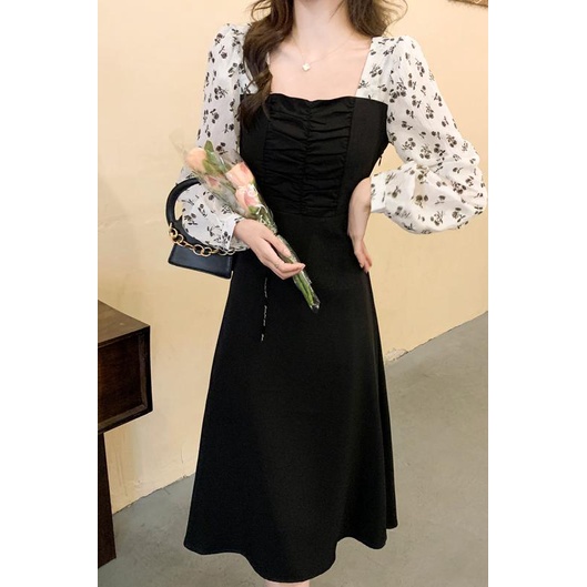 Vintage square-neck floral dress kasual Lengan Panjang wanita gaun midi A-line