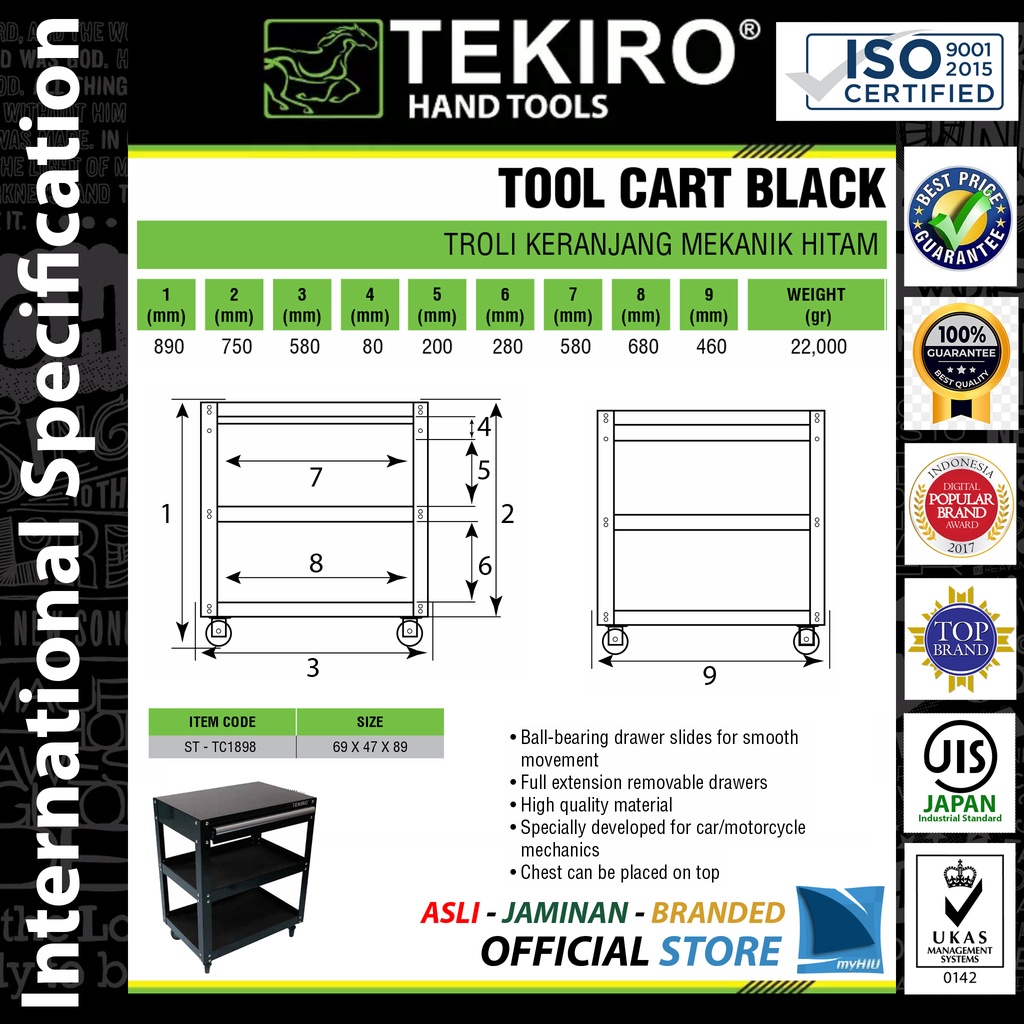 Troli Meja Mekanik Rak Kunci 3 Susun Hitam - Mechanic Tool Cart TEKIRO