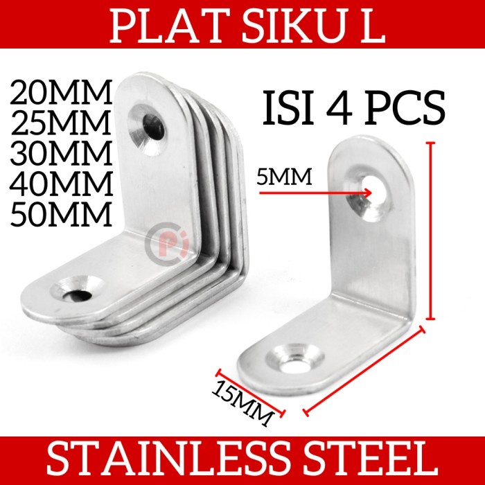 Isi 4 Pcs Plat Siku L Bahan Stainless Steel Ukuran 20 25 30 40 50 mm