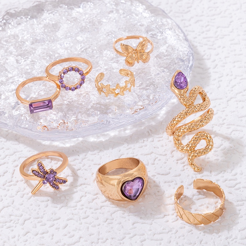 8pcs / set Dainty Hollow Star Rings Purple Butterfly Dragonfly Serpentine Snake Ring Animal Jewelry for Women Party Gifts