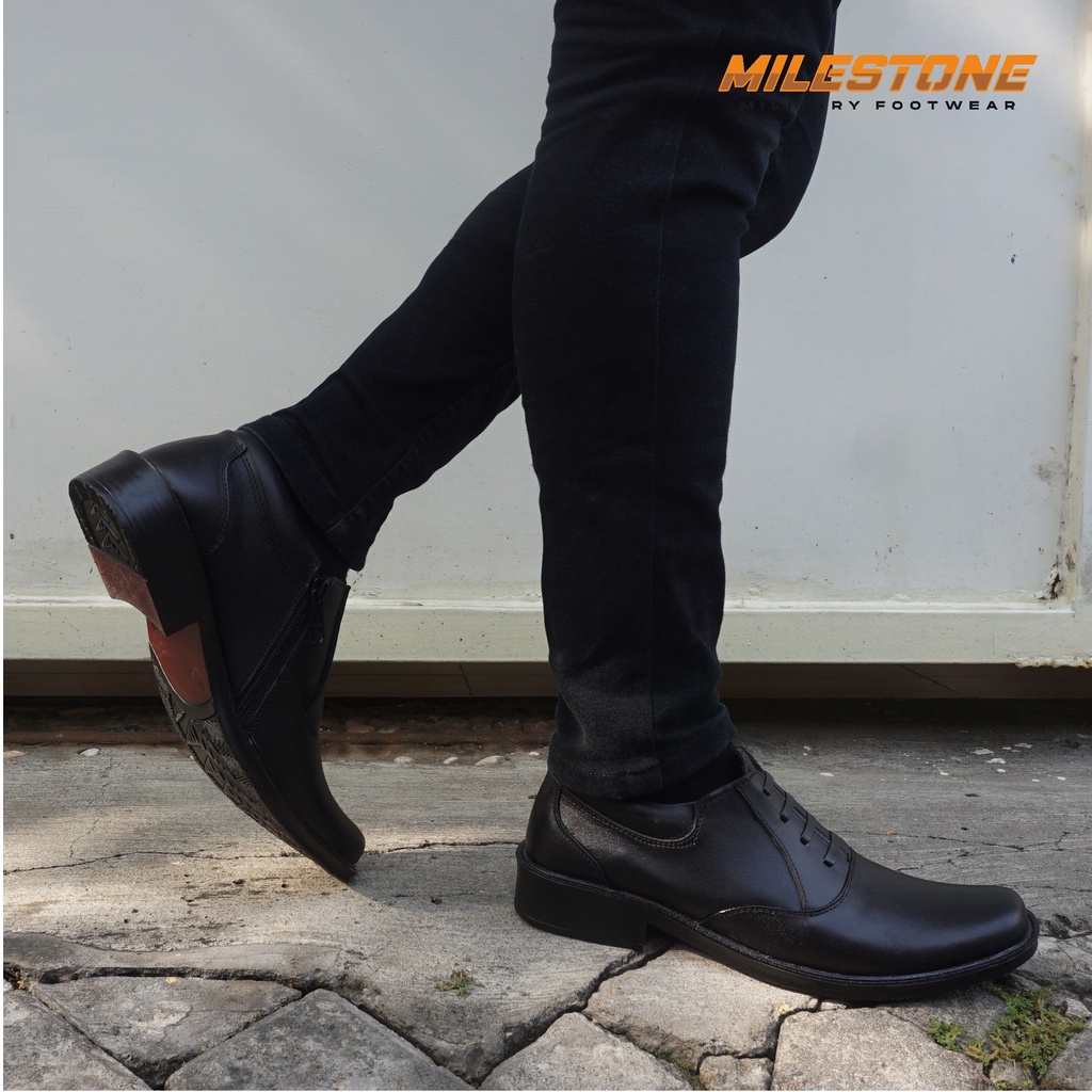Sepatu Pria Tanpa Tali PDH MILESTONE Bahan Kulit Asli Untuk Petugas Polisi TNI PDH 02 Resleting