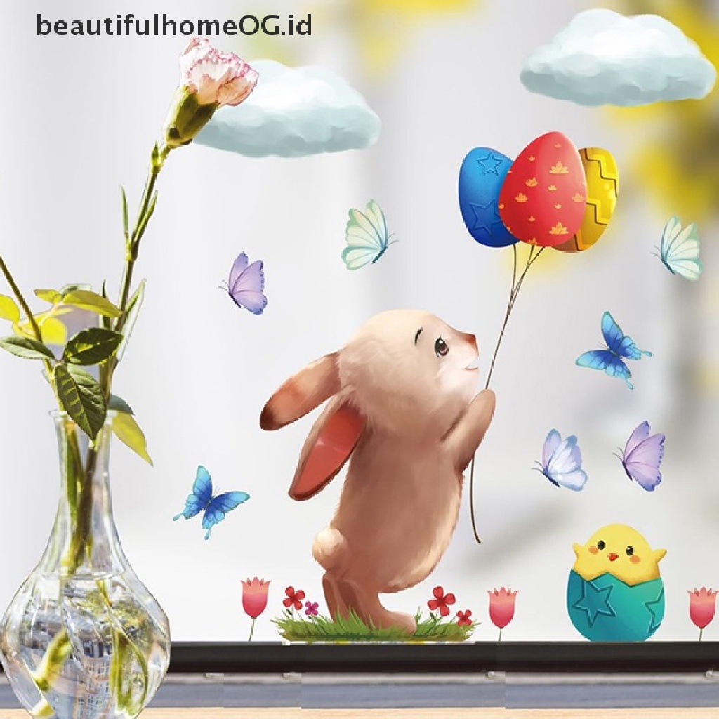 // Beautifulhomeog.id// 1Pc Stiker Jendela Kaca Happy Easter Colorful Bunny Eggs Wall Decal 20x30cm **