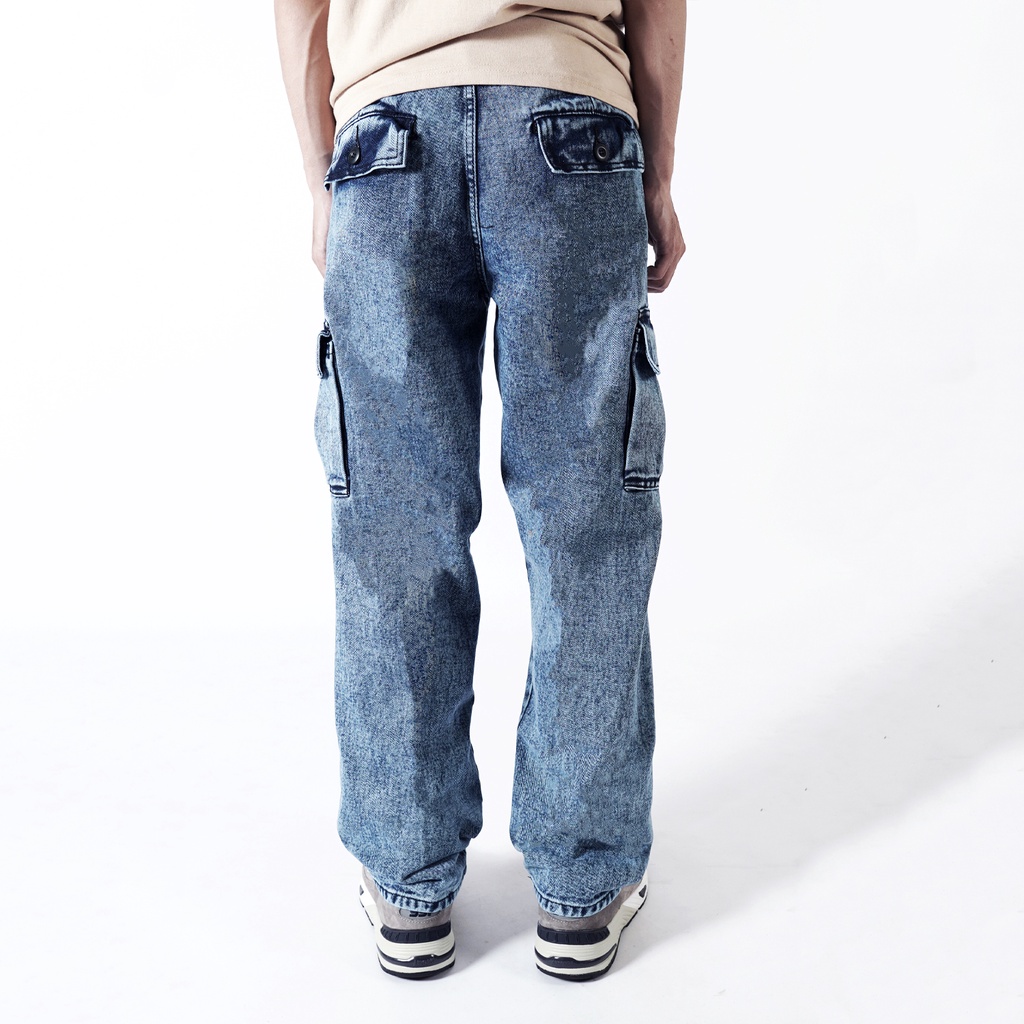 Pluviophile - Long Cargo pants jeans Celana cargo jeans loose fit  Reguler Standard Blue Sandwash