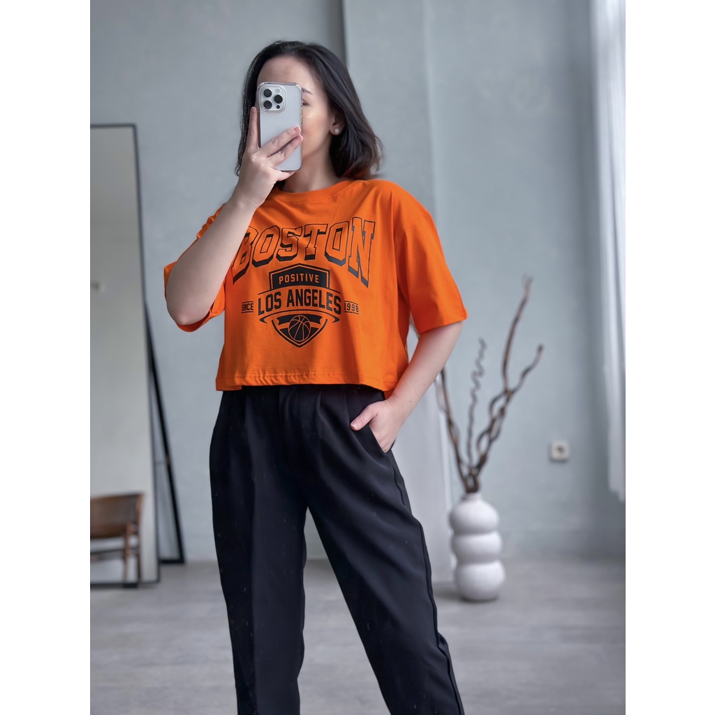 Atasan Crop Top Oversized Wanita Lengan Pendek Bahan Katun