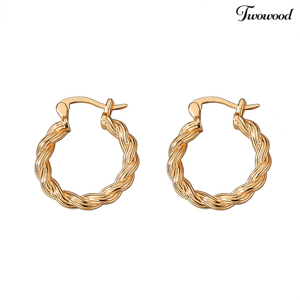 Twowood 1pasang Ear Buckle Design Piercing Hoop Earrings Wanita Retro Braided Twist Round Earrings Aksesoris Perhiasan