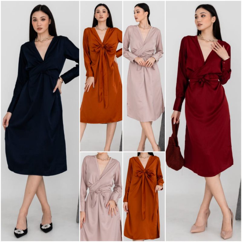 ⚡️CLEARANCE SALE ♡ PREMIUM ♡ REAL PIC ! SYELLAR TUNIK V-NECK MULTIWAYS OBI TIED LONG SLEEVE SLIT MIDI DRESS