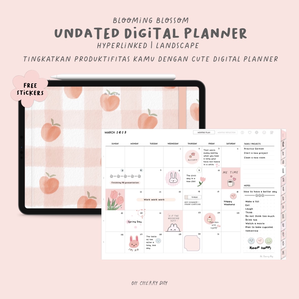 Undated Pink Digital Planner untuk iPad/Tablet Digital Bujo Bullet Journal Notebook Cute Minimalist Digital Stickers - Blooming Blossom