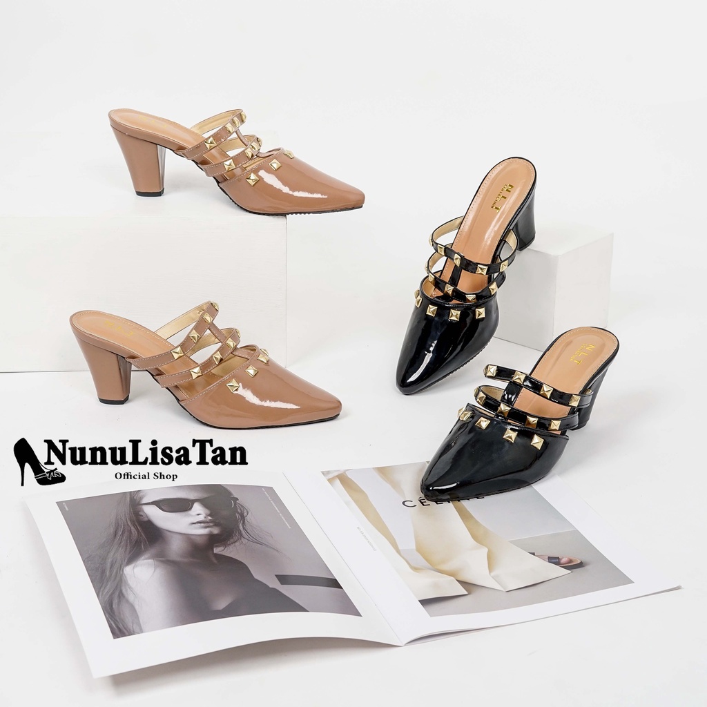 High Heels Premium 7cm Hitam mocca Hak lebar kokoh