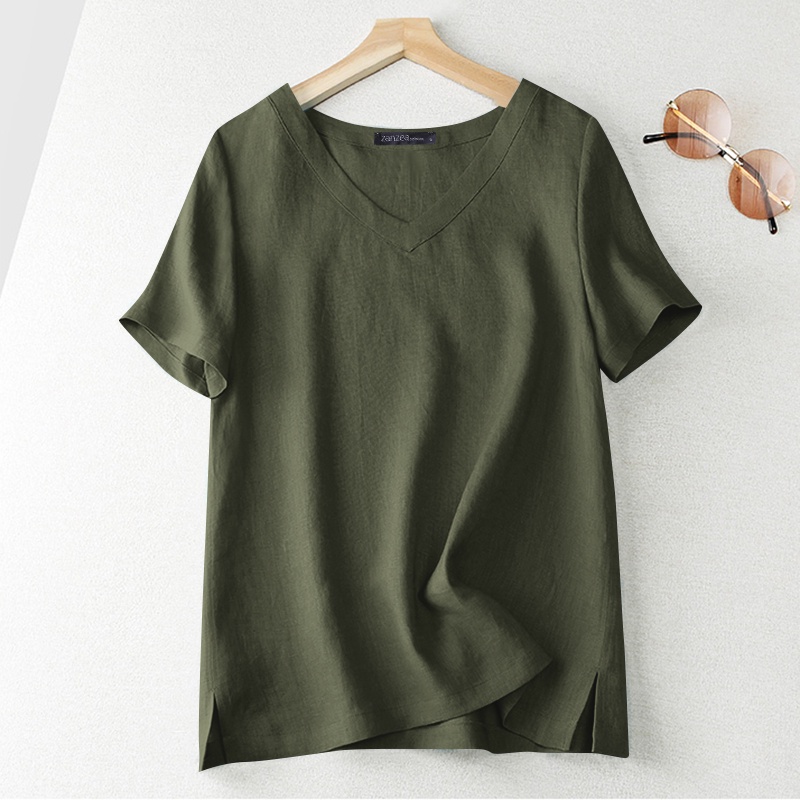 ZANZEA Women V Neck Short Sleeve Solid Color Casual Loose Blouse