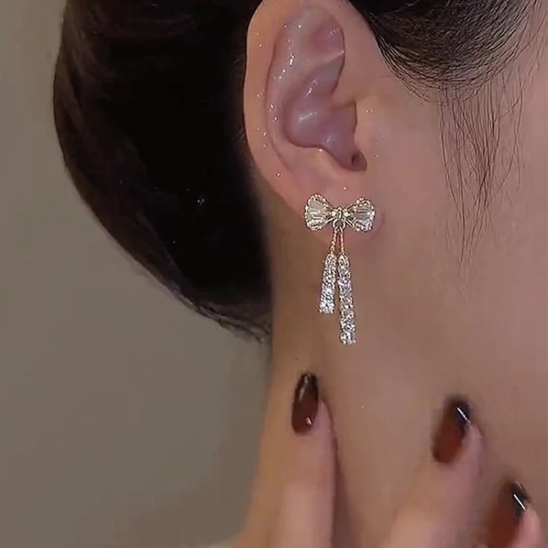 1pasang Anting Korea Zirkon Ikatan Simpul Drop/Anting Rumbai Berkilau Trendi Untuk Hadiah Perhiasan Wanita Gadis