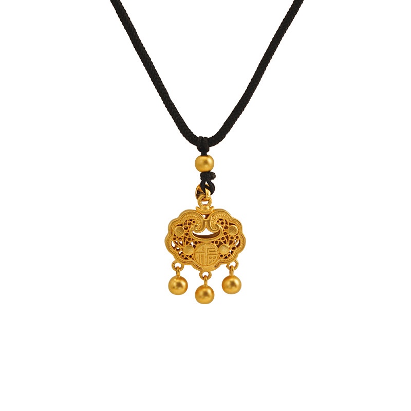 Goldkingdom Fashion Perhiasan Emas Asli Kadar 375Bangkok Aksesoris Ready Stock Ruyi Lock Kalung Dilubangi Fu Tas Fu Karakter Wanita Adjustable Kalung Liontin