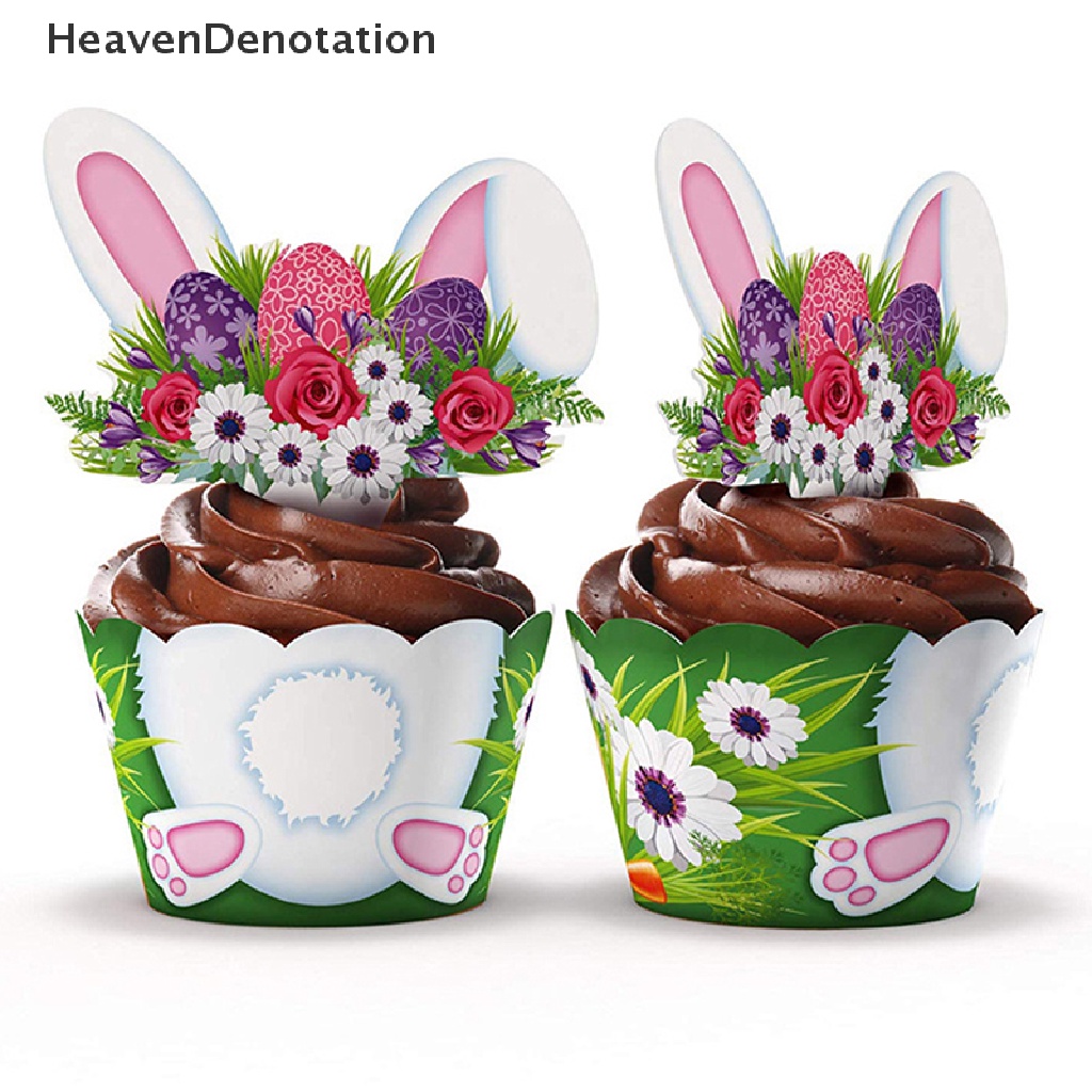 [HeavenDenotation] 24pcs/set Lovely Rabbit Cake Insert Card Wrapper Pesta Paskah Bunny Cake Topper HDV