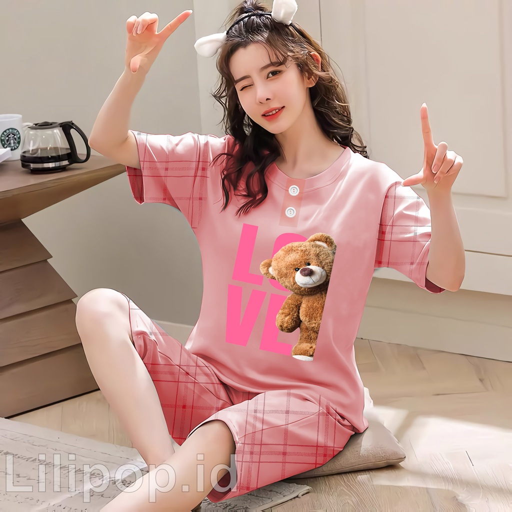 Lilipop.id  Baju Tidur Wanita Love bear pants Celana Pendek Allsize Baby Doll Bahan Kaos Dewasa