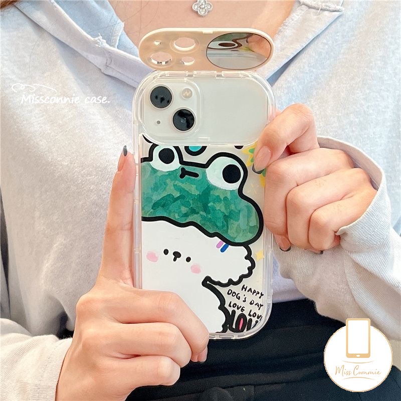 Graffiti Kartun Hewan Soft Case Kompatibel Untuk IPhone 7Plus 11 12 14 13 Pro Max X8 7 Plus XR XS Max SE 2020 Flip Make Up Cermin Kelinci Lucu Kodok Anjing Ponsel Cover