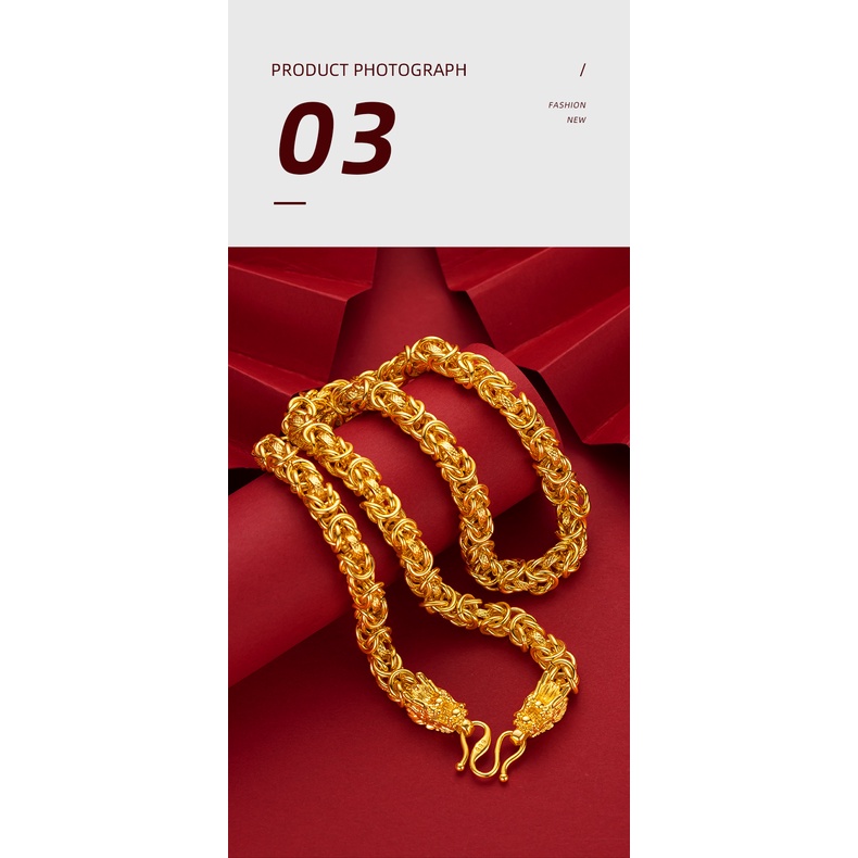 Goldkingdom Fashion Perhiasan Emas Asli Kadar 375Bangkok Aksesoris Ready Stock Halus Pria Glossy Keel Kalung Lapis Emas Kain Motif Naga Kepala Kalung