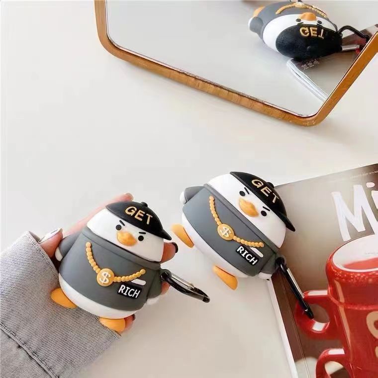Kartun 3D Hip Hop Rapper Duck Dengan Rantai Emas Bluetooth Earphone Soft Case TWS Soft Cover Untuk Airpods 1 2 3 pro airpods3 i12 i13 inpods 12 13 pro Pelindung