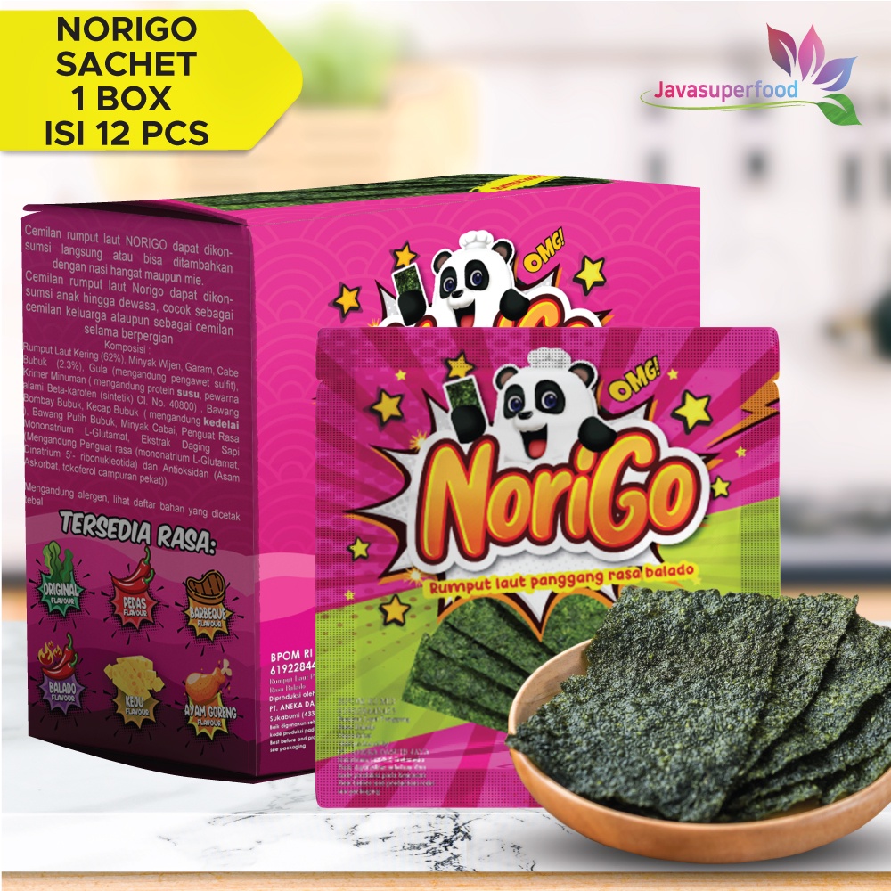 Norigo Balado (1 BOX ISI 12 PCS) / Nori Sachet Seaweed Snack 3g Rumput Laut Halal Rasa Balado