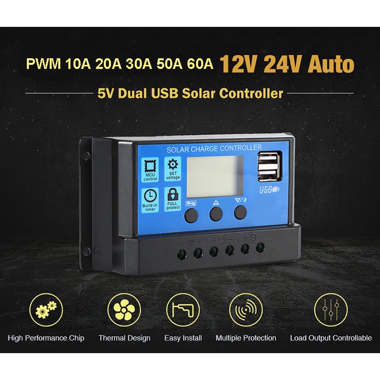 Solar Charge Controller LCD LED Display Solar PWM 12V/24V 10A 20A 30A 50A 60A USB Panel Surya Charge