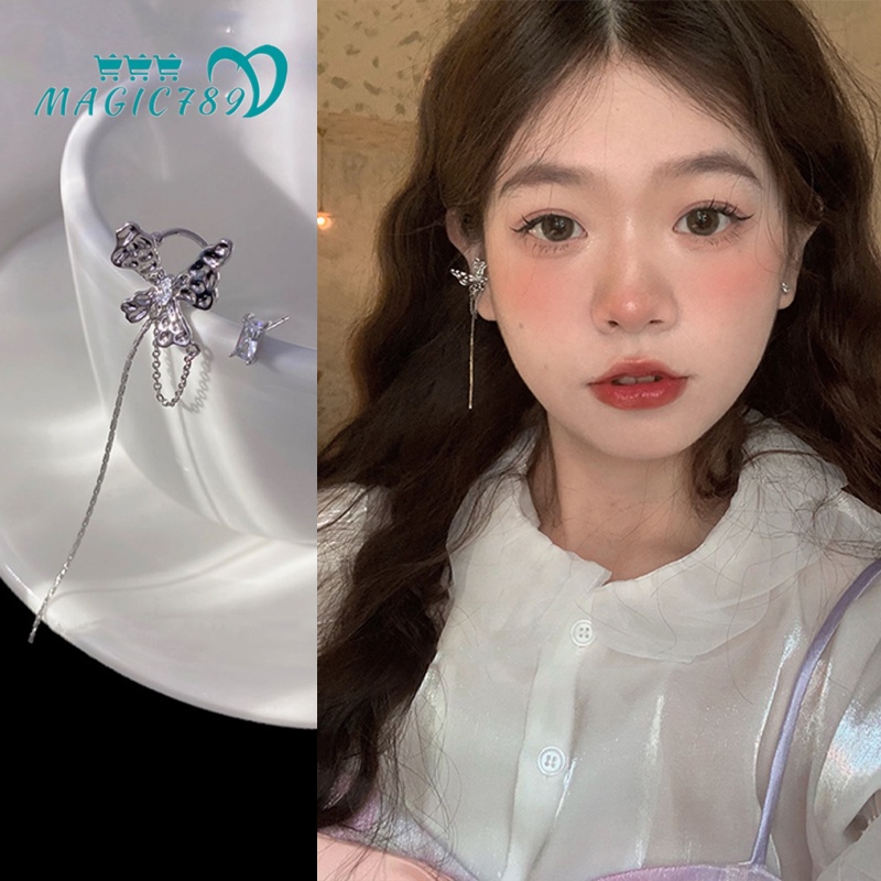 Magic789 Elegan S925 Perak Kupu-Kupu Rumbai Klip Anting-Anting Untuk Wanita Perempuan Trendi Bersinar Berlian Imitasi Studs Earrings Temperamen Telinga Aksesoris