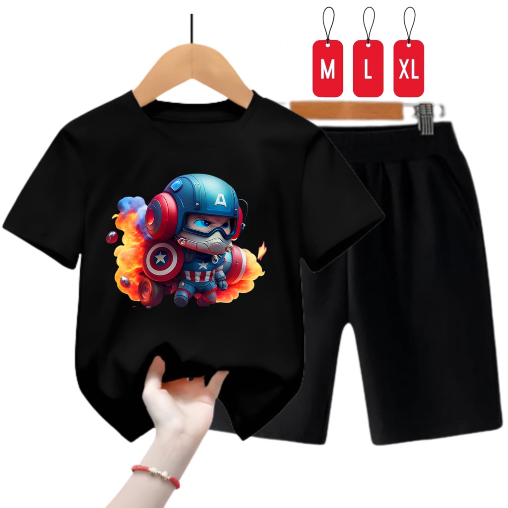 Hzl_outfit Kaos Setelan Anak Laki Laki Baby Captain America/ Setelan Kaos Anak Anak