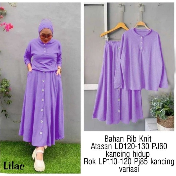 Setelan Rok Atasan Kancing Hidup Busui Set Ootd Muslim Lilac