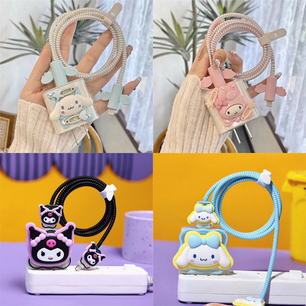 IPHONE 4pcs/set Sanrio Stereo DIY Kartun Kabel Data Charging Cable Pelindung Case Untuk Iphone18/20w 14promax /14Plus /13 Pro Max/11 /12 Kuromi Melody Cinnamoroll Charging Head