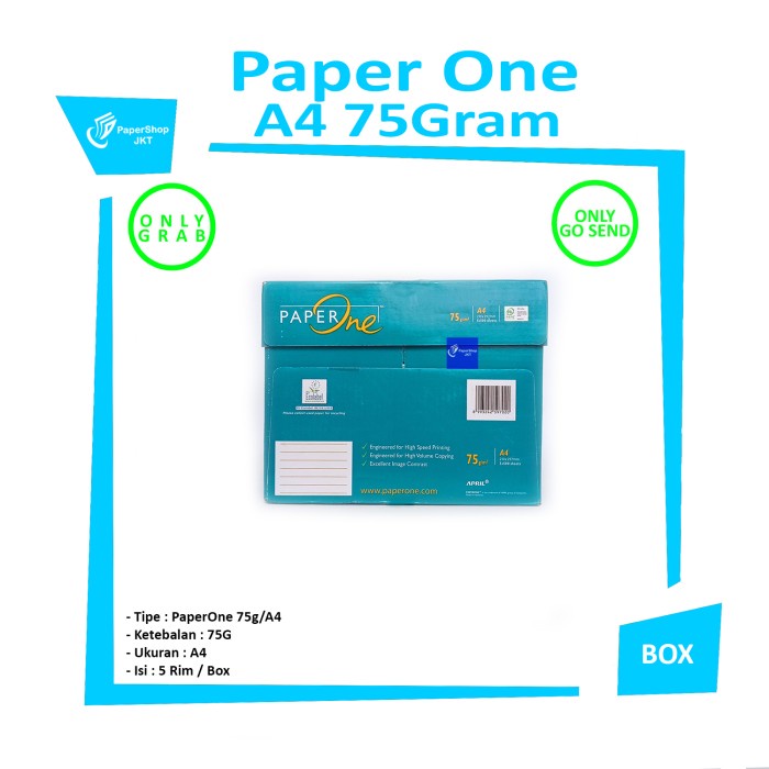 

Terlaris Khusus - [ Instant & Sameday ] - Paper One A4 - 75Gr - 1 Box = 5 Rim