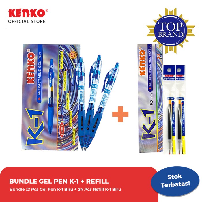 

BISA COD Paket Bundle 1 Lusin Gel Pen K-1 Biru + 2 Lusin Refill K-1 Biru Kenko