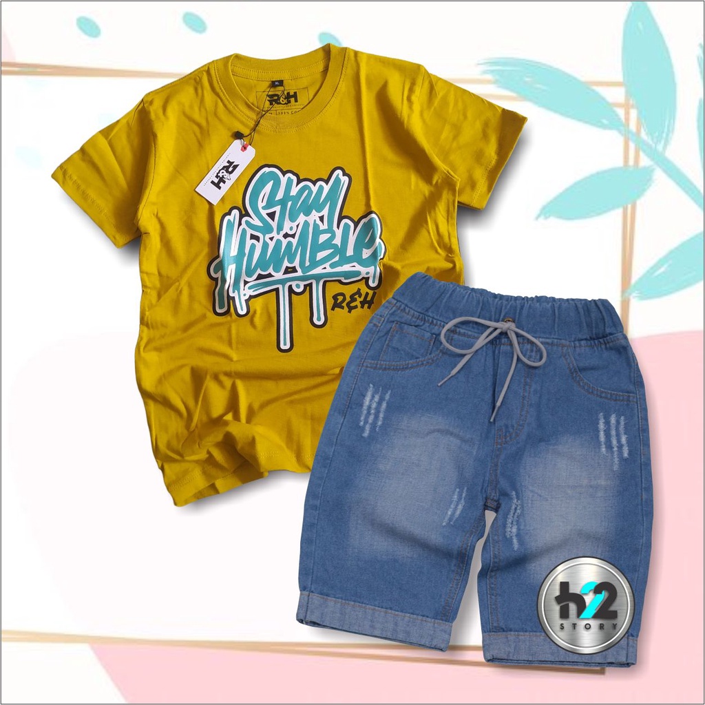 Setelan Anak Celana Jeans / Setelan Jeans Anak Laki Laki /  Setelan Kaos Distro Anak Celana Jeans Pendek Usia 3-12 Tahun / By H22Story-KuningTua BiruMuda