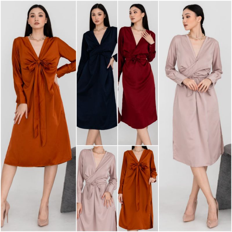 ⚡️CLEARANCE SALE ♡ PREMIUM ♡ REAL PIC ! SYELLAR TUNIK V-NECK MULTIWAYS OBI TIED LONG SLEEVE SLIT MIDI DRESS