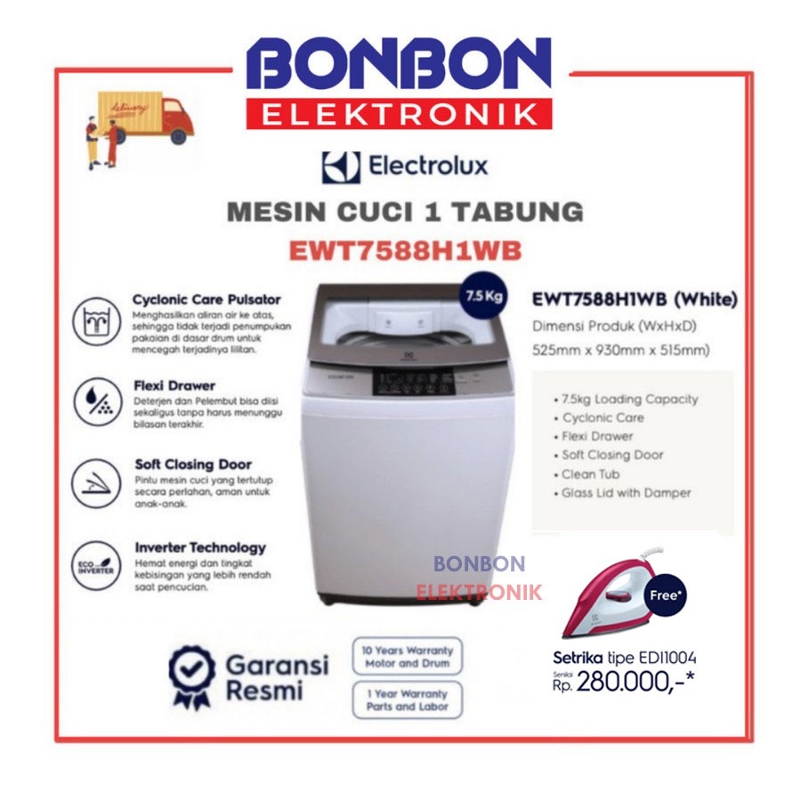 Electrolux Mesin Cuci 1 Tabung 7.5KG EWT7588H1WB / EWT7588H