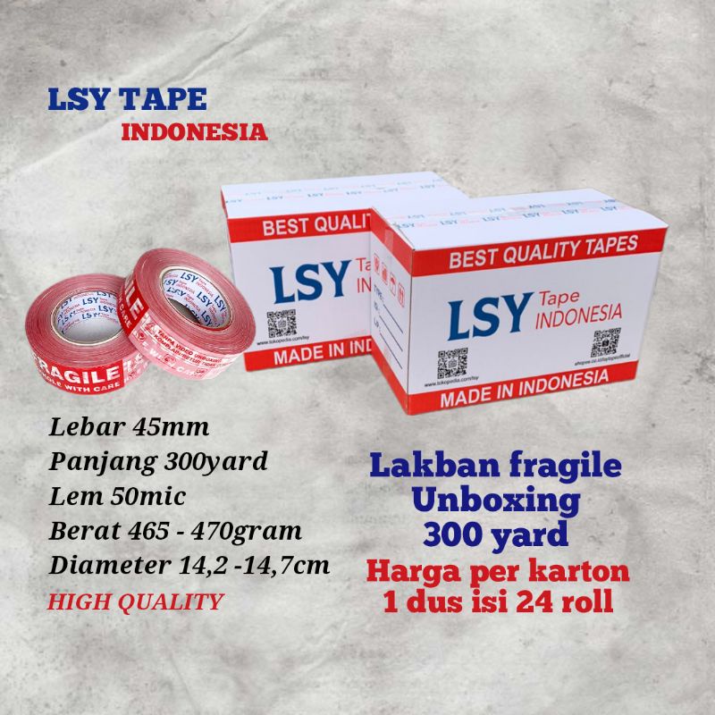 

lakban fragile unboxing mix 300yard 1 dus isi 24 roll LSY TAPE INDONESIA ( CBM )