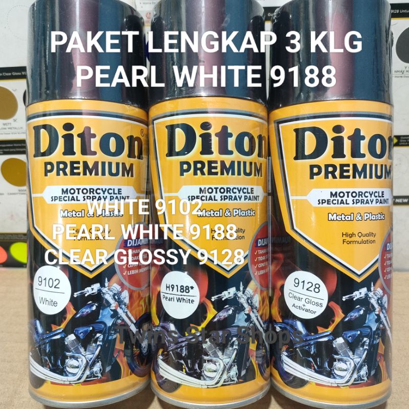 Diton Premium Paket Lengkap 3 Kaleng 400cc Putih Mutiara Pearl White 9188 White 9102 Clear Glossy 9128 Pilox Pilok Cat Semprot Spray Paint