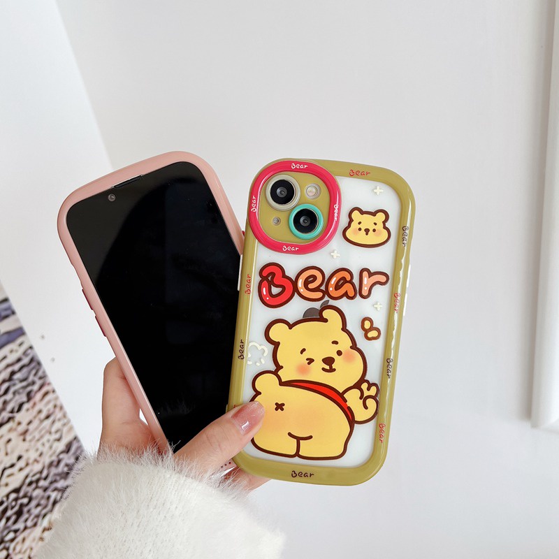 Cute Bears Puff Casing HP iPhone 11 12 13 14 Pro Max14 Plus Hadiah Teman Pink Lucu Wanita Soft Casing Cover Winnie Strawberry Bear