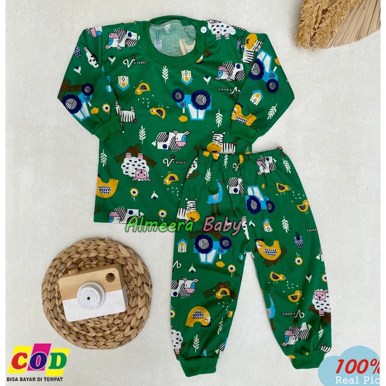 Setelan Baju Bayi Piyama Bayi Lengan Panjang Kancing Pundak Motif Printing Hewan Usia 3-12 Bulan Almeera Baby and Kids