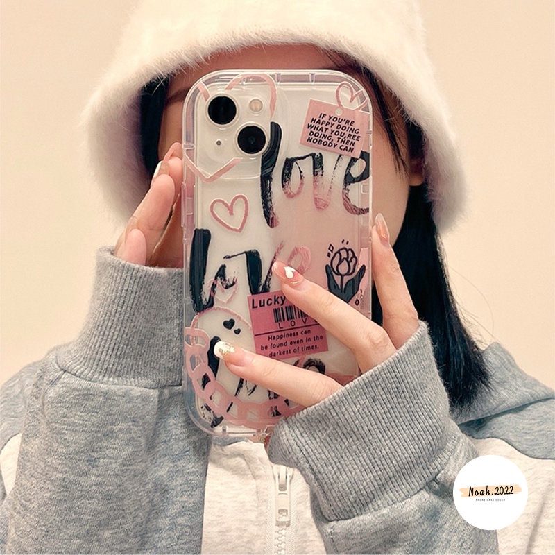 IPHONE Kartun Graffiti Cinta Hati Case Kompatibel Untuk Iphone11 13 12 14 Pro Max6 6s 7 8 Plus XR X XS MAX Shockproof Airbag Comme des Garcons Label Bunga Bening TPU Case Soft Cover